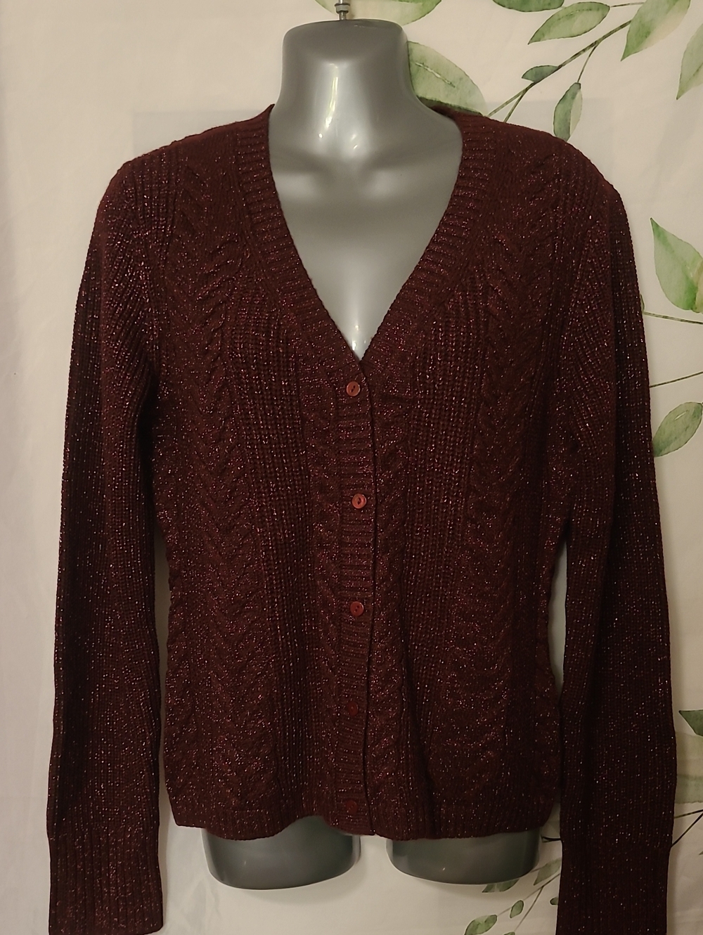 PAIGE Metallic Burgundy V-Neck Button Cardigan